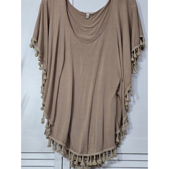 ANTHROPOLOGIE ERI+ALI sz M Tan Tasseled Poncho Layered Top EUC Boho Festival - Picture 6 of 8